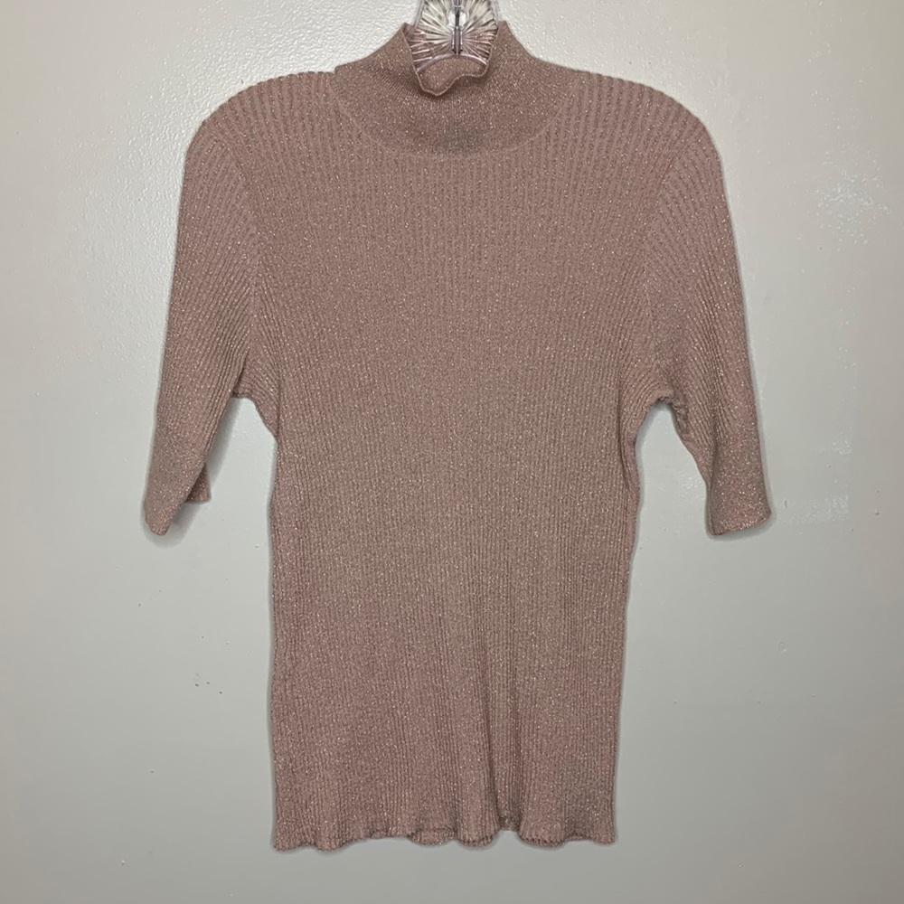 WORTHINGTON Sweater Pink Gold Sparkle Ribbed Mock Neck Half Sleeve Stretch XL